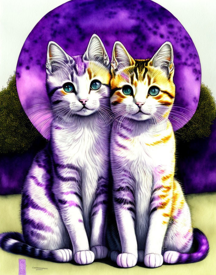 Striped kittens with large eyes on purple background