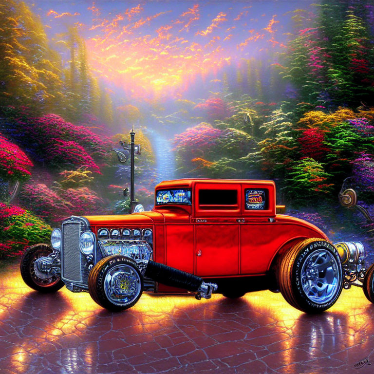 Vintage Red Hot Rod Parked Among Vibrant Flowers on Cobblestone Path