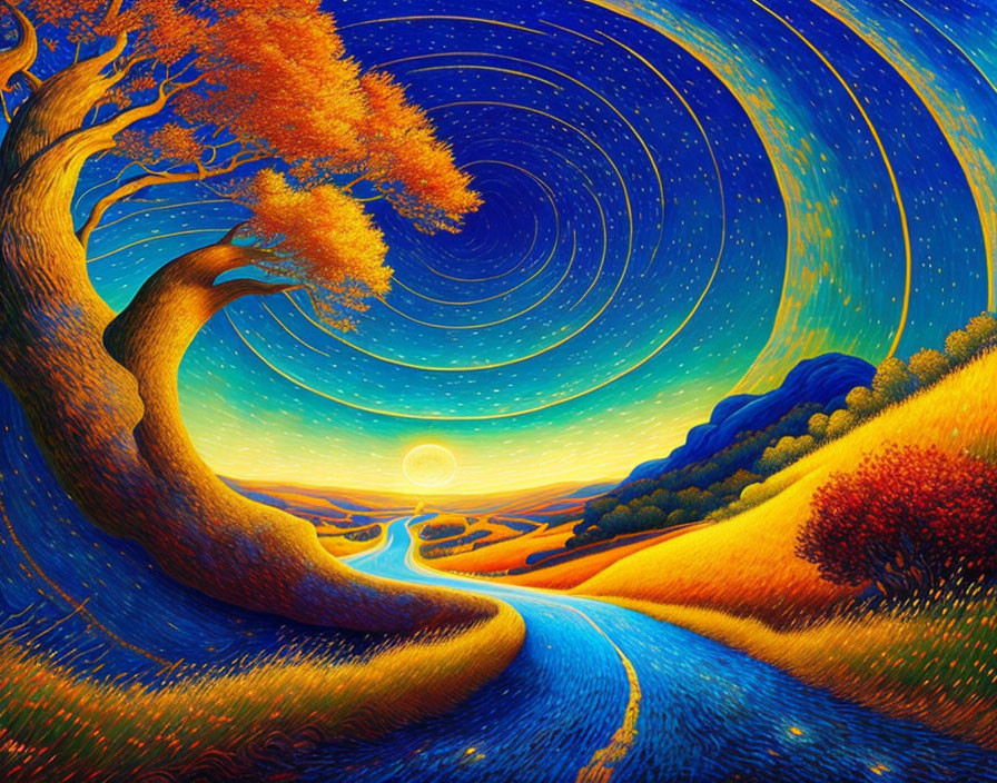 Vivid painting of swirling starry sky over colorful autumnal landscape