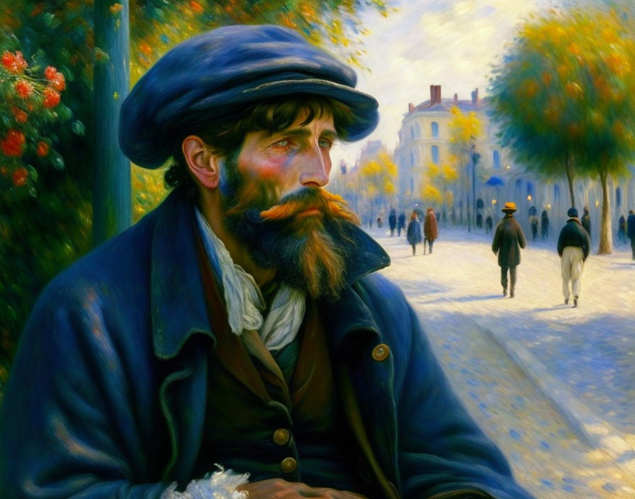 Bearded man in blue hat and coat in vibrant autumn street scene