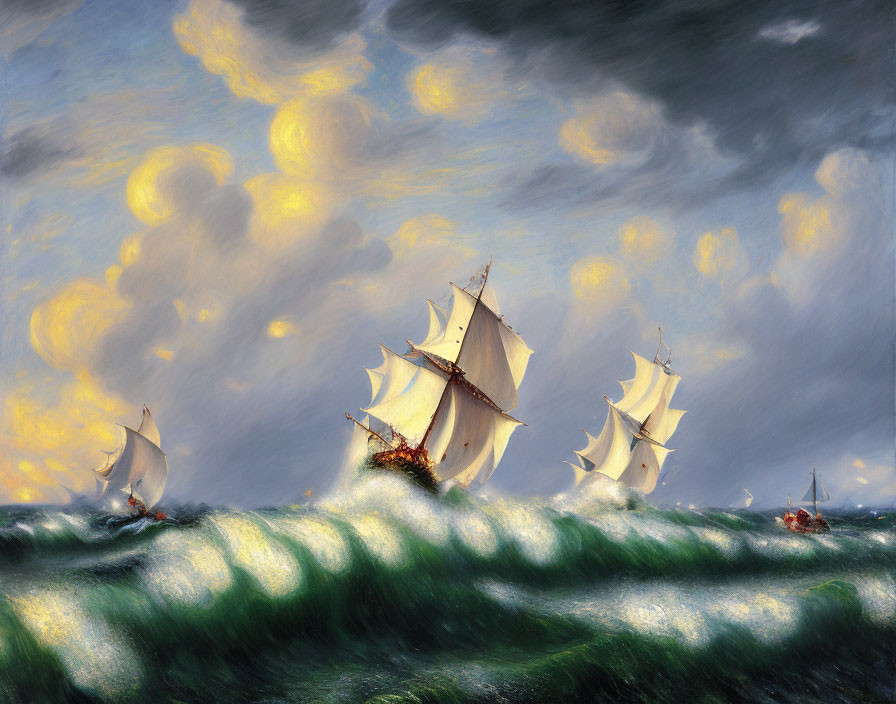 Sailing ships on turbulent seas under dramatic sky with luminous clouds