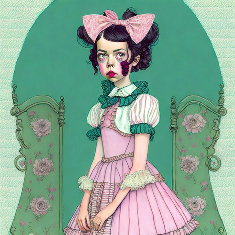 Illustration of girl in vintage dress with pink bow, featuring exaggerated eyes and blushed cheeks