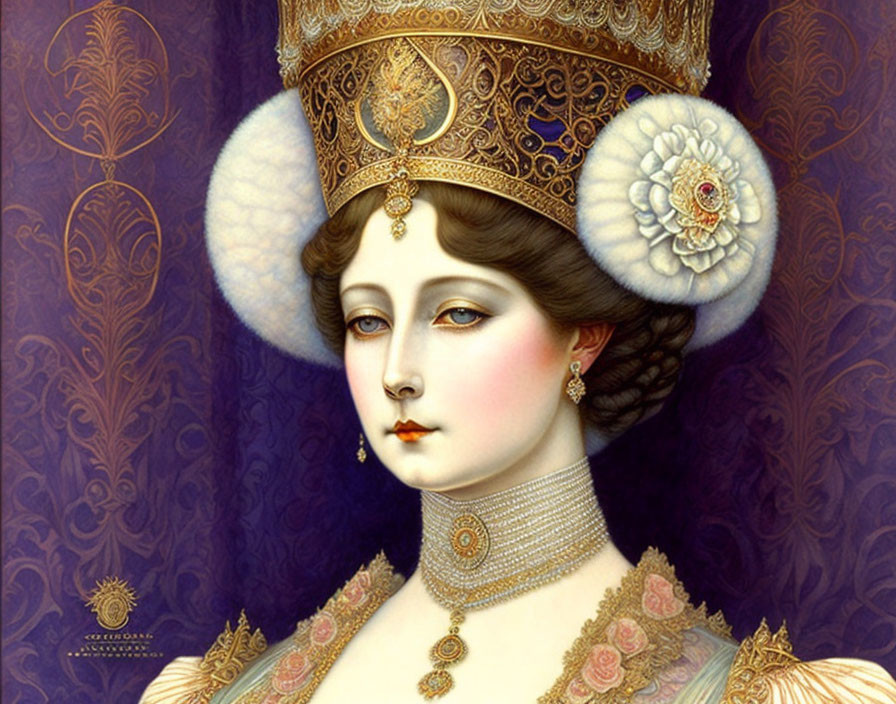 Illustrated woman with elaborate headdress and regal costume exudes elegance