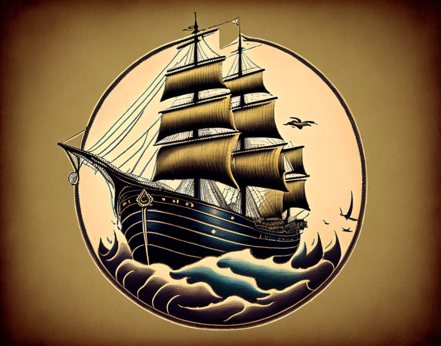 Vintage sailing ship illustration on stormy seas with bird in oval frame on sepia background