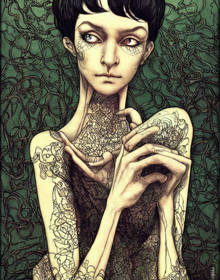 Person with Large Eyes & Vine-Like Tattoos on Green Background