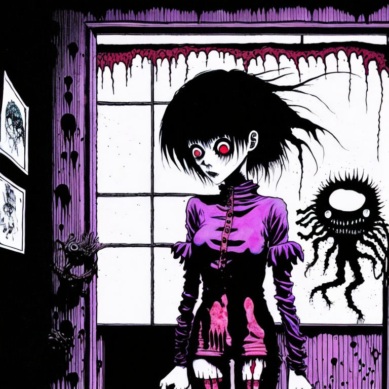 Stylized illustration of girl with black hair and red eyes in eerie room