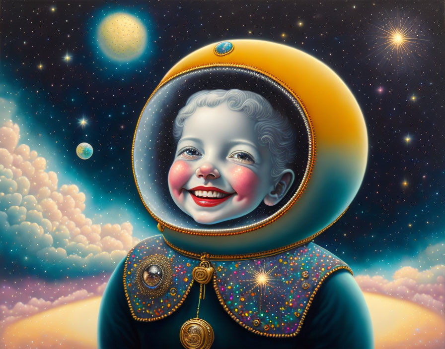 Stylized painting of child in vintage astronaut suit with oversized helmet.