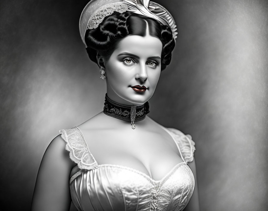 Vintage monochrome portrait of woman in hat, dress, and choker.