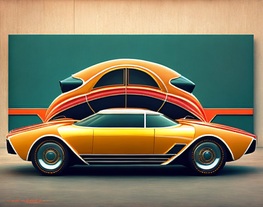 Abstract Orange and Yellow Car Illustration on Green Background