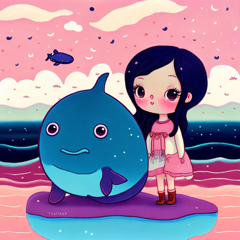 Illustration of girl with large eyes next to smiling blue whale on pink and purple shore under cotton-c