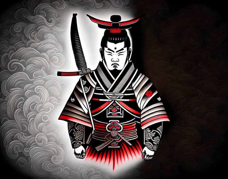 Samurai warrior illustration in traditional armor with sword on grayscale cloud background