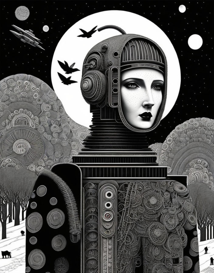 Monochrome illustration of a woman with a robotic helmet in a surreal landscape.