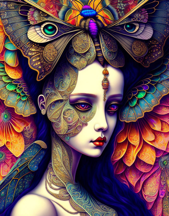 Colorful artwork of woman with butterfly-like wings and intricate jewelry.