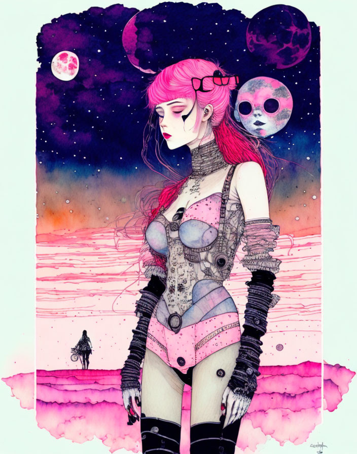 Stylized woman with pink hair in futuristic outfit against cosmic backdrop