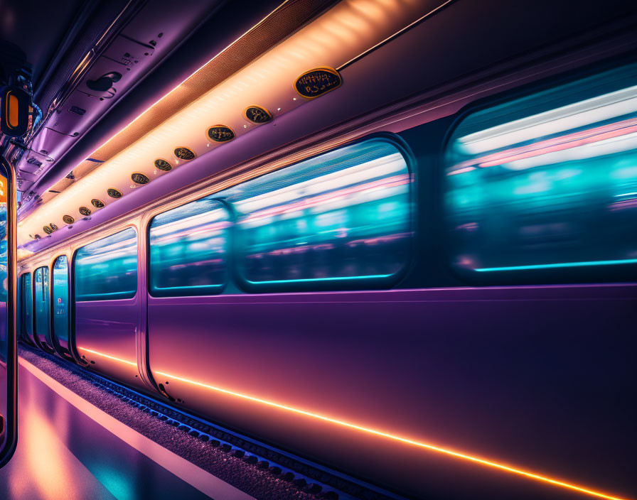 Vibrant purple and blue neon-lit train interior with passing blur outside