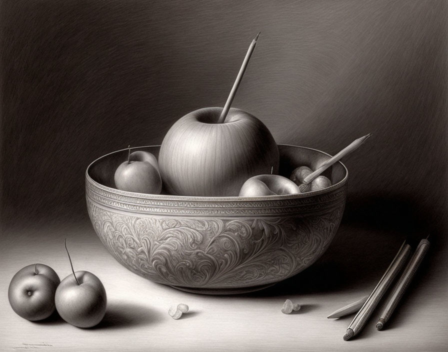 Monochrome still life art of apples in bowl with pencils and cores