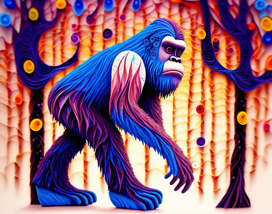 Colorful Digital Artwork: Blue Gorilla with Intricate Patterns on Surreal Background