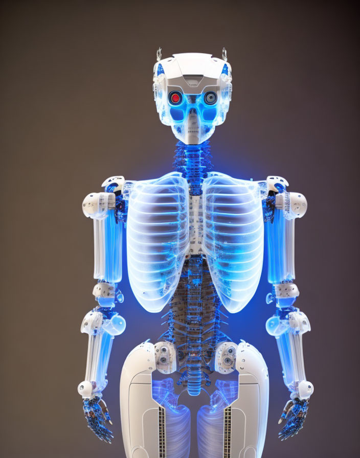 Transparent humanoid robot with blue eyes and mechanical parts on grey background