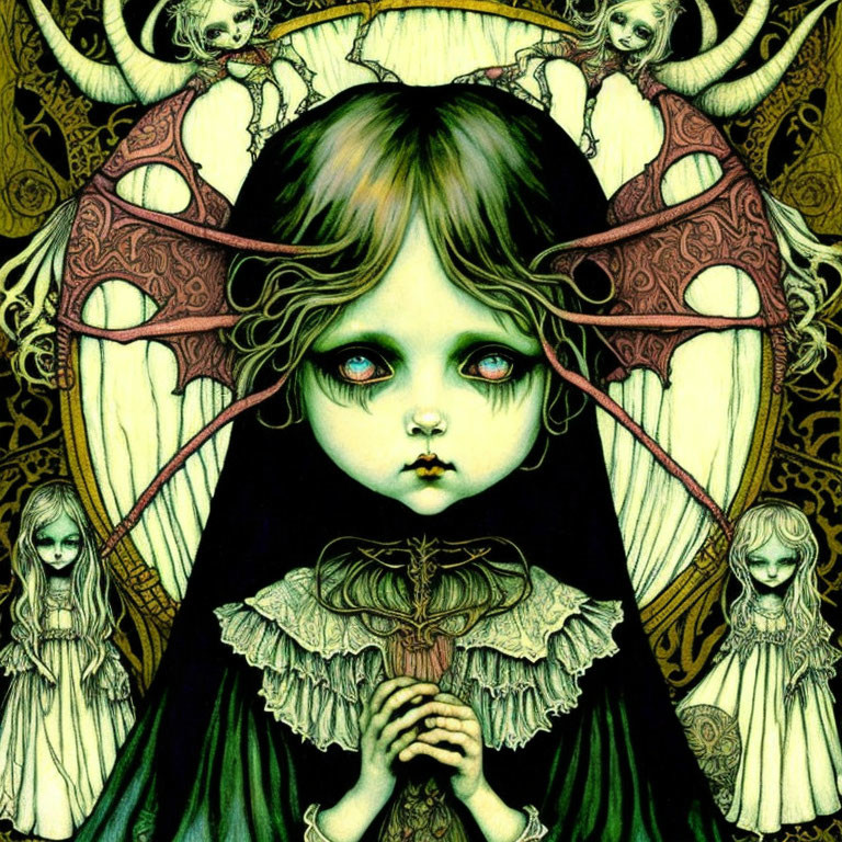 Gothic illustration of pale girl in frilly dress with eerie figures