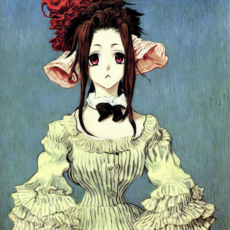 Anime-style female character with red eyes in Victorian dress