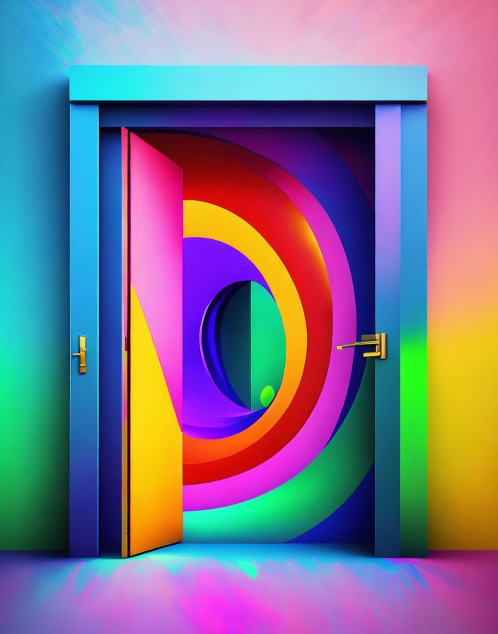 Multicolored surreal tunnel with concentric arches and golden doorway