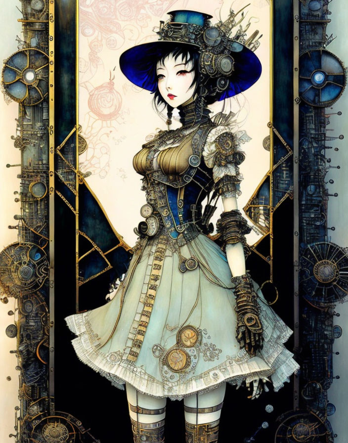 Detailed steampunk woman digital illustration with gears and Victorian attire.