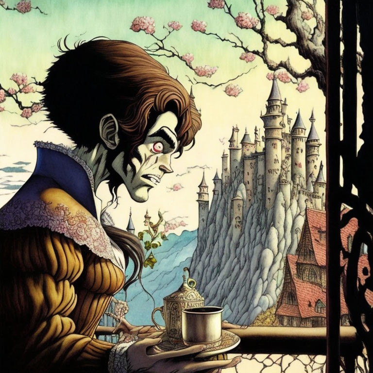 Illustrated figure holding a teacup in front of castle and cherry blossoms