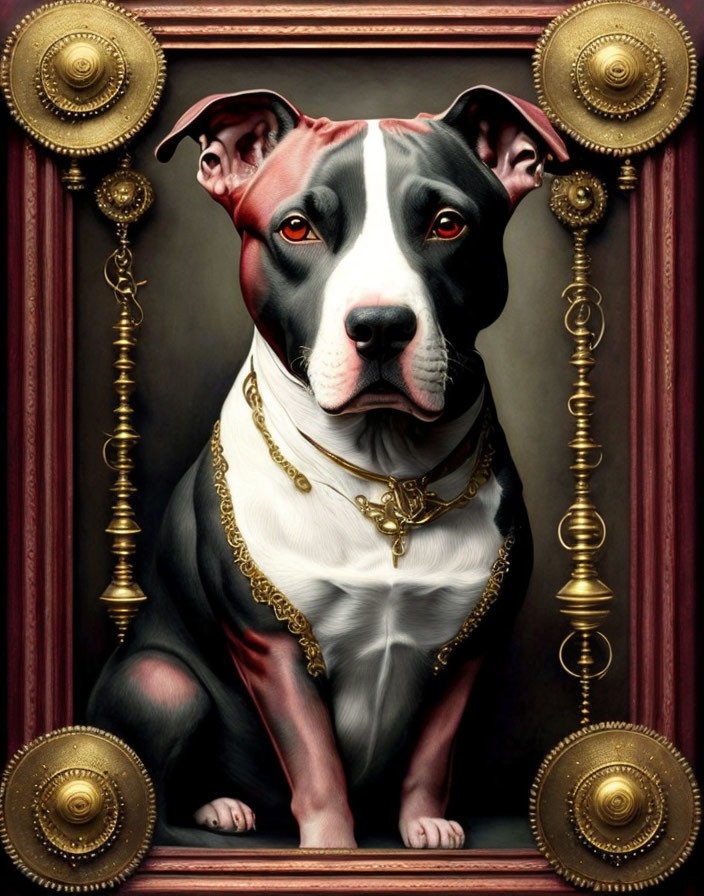 Regal black and white dog in ornate golden-framed portrait