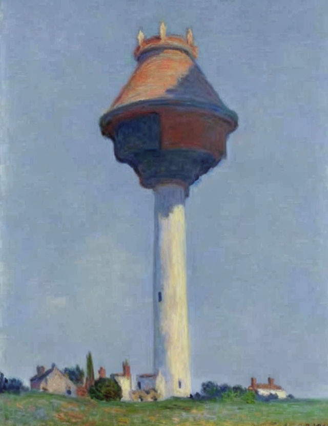 Water tower painting with bulbous top and tiny houses against soft blue sky