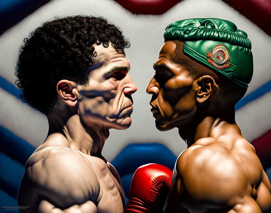 Caricatured boxers with curly hair and green headgear against striped backdrop