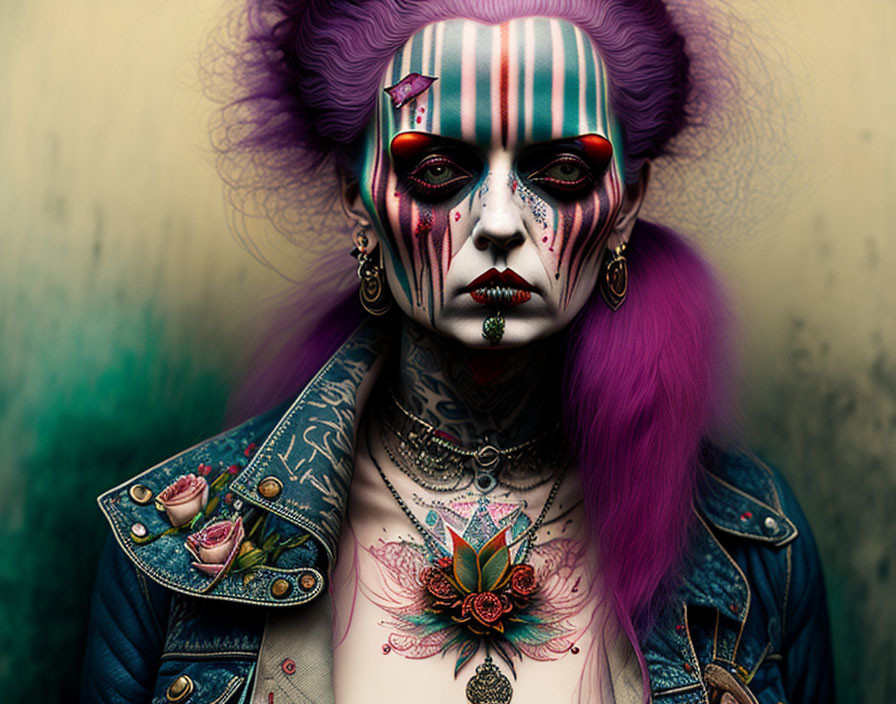 Person with Purple Hair, Multicolored Makeup, Red Eyes, Tattoos, and Rose Design Den