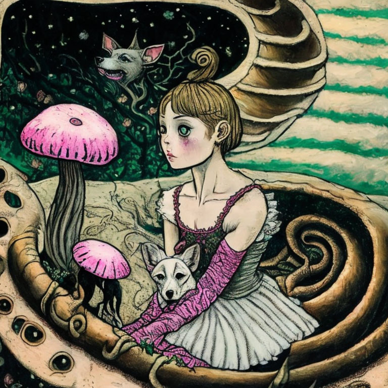 Illustration of girl in pink dress with giant mushroom and stylized dog.