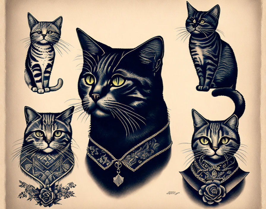 Vintage-style Illustration of Five Cats with Intricate Patterns