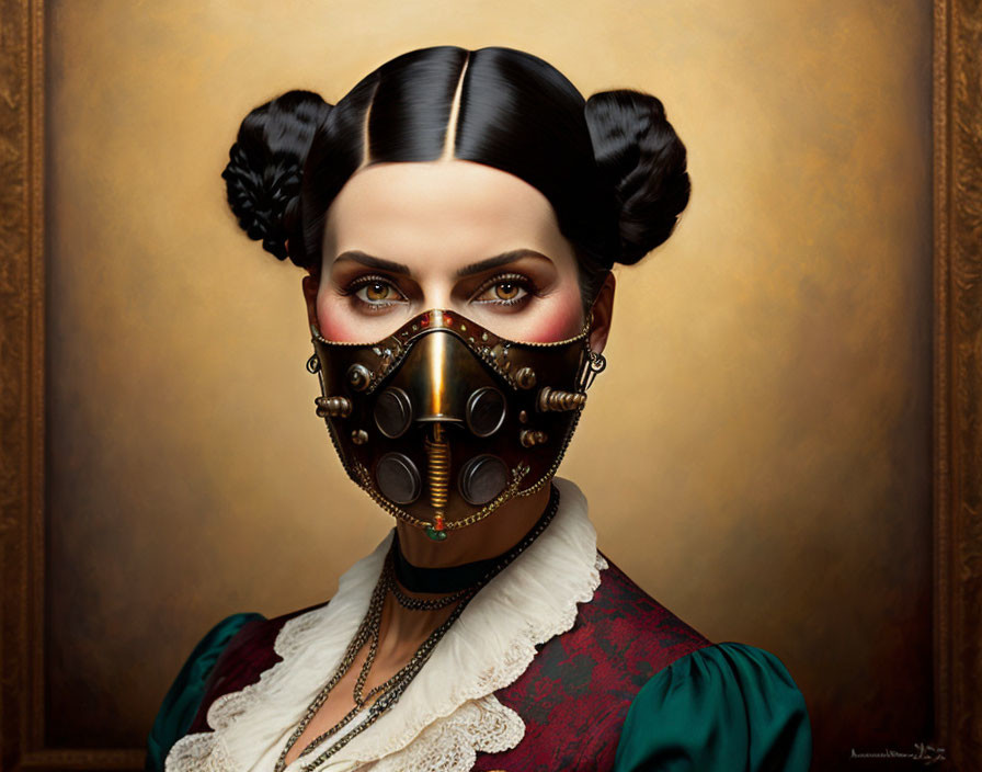 Victorian woman in steampunk mask on classic portrait background