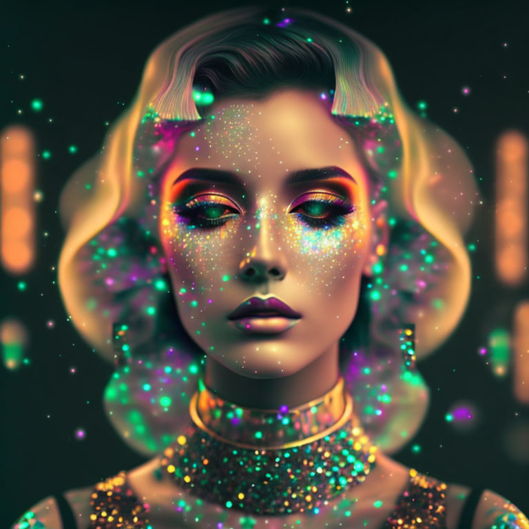 Colorful makeup woman portrait with glittering skin on dark background