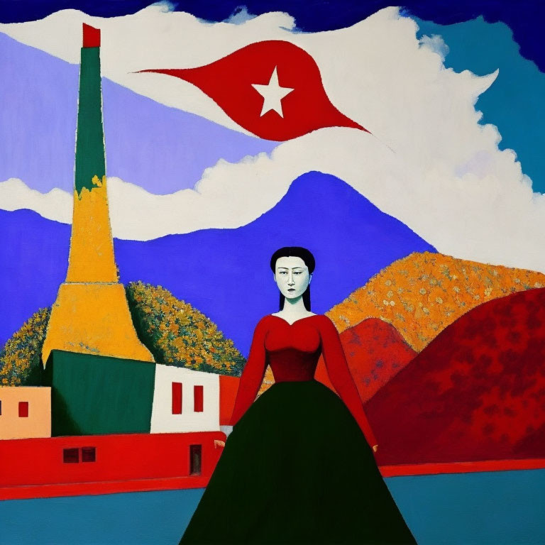 Colorful painting of woman in red dress with star flag, factory, and mountains.