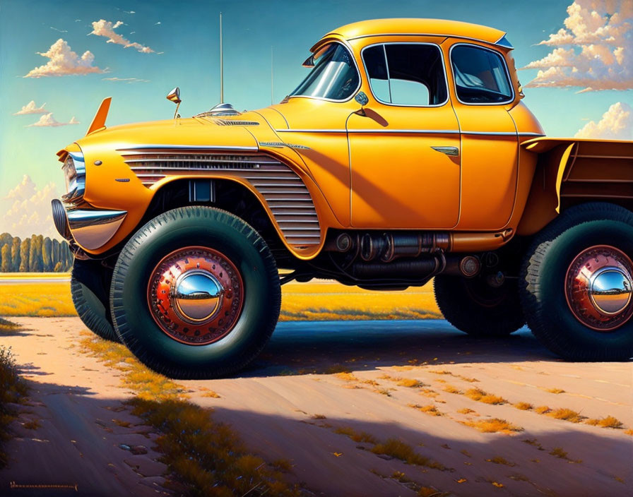 Vibrant painting of oversized yellow truck in serene landscape