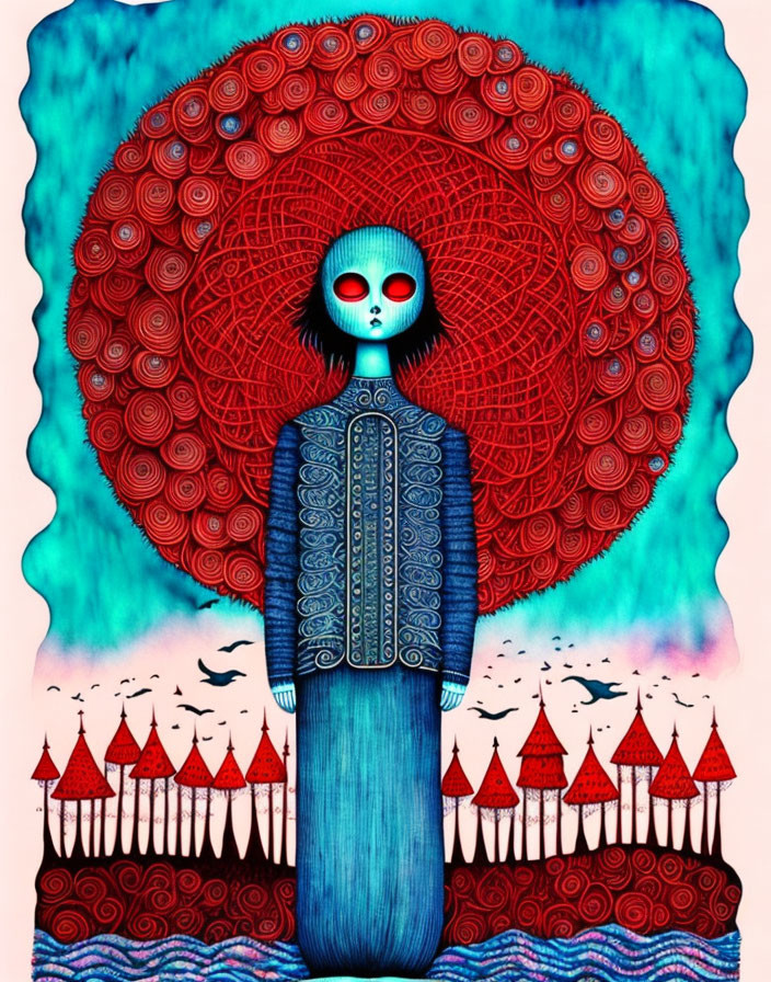 Surreal Artwork: Figure with Red Circular Headpiece and Glowing Eyes