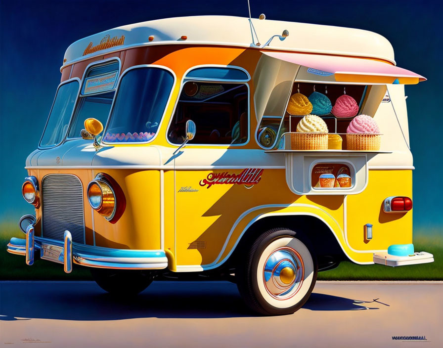 Colorful Vintage Ice Cream Truck with Cartoonish Cones Displayed