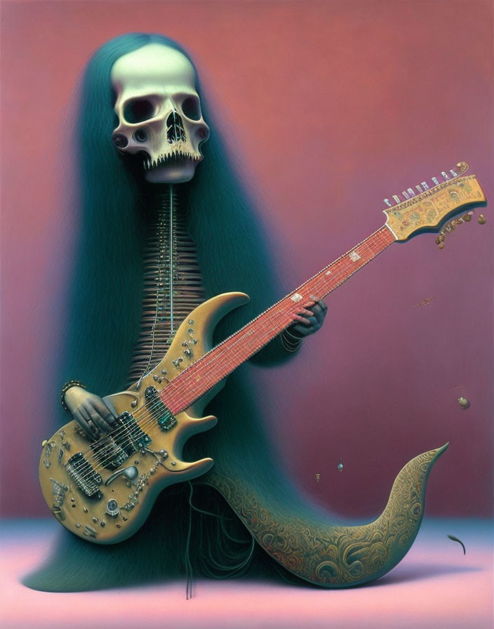 Skeletal figure with green hair playing guitar on pink background