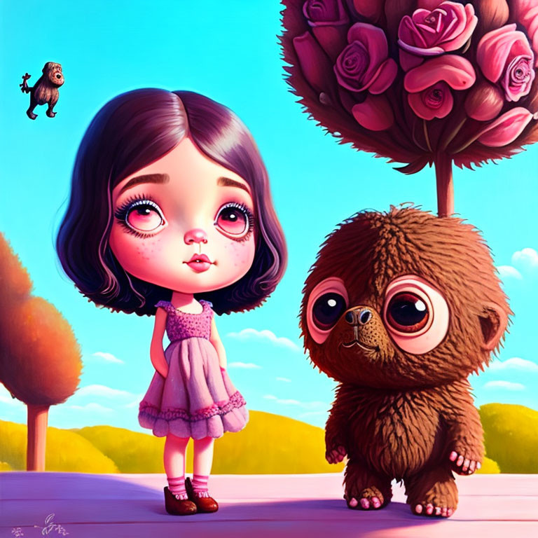 Illustration of girl in purple dress with big eyes and fluffy creature under a tree with rose blossoms