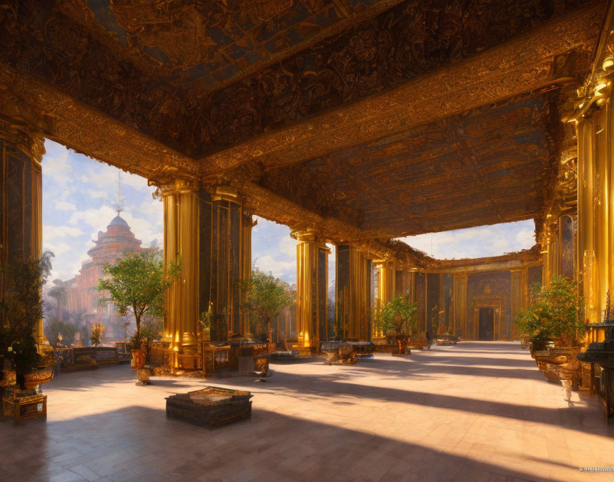 Golden Hall with Columns and Sunlight Filtering Through, Overlooking Traditional Structure