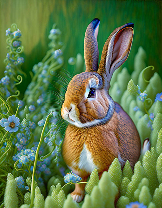 Colorful Rabbit Among Green Plants and Blue Flowers