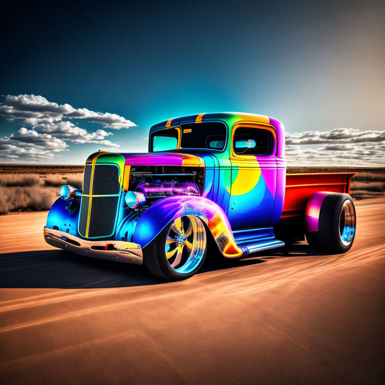 Classic Hot Rod with Glossy Finish Cruising Desert Road at Sunset