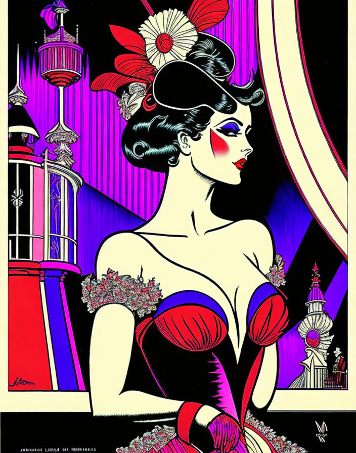 Stylized woman with elaborate headwear and vibrant red lips against colorful art deco background