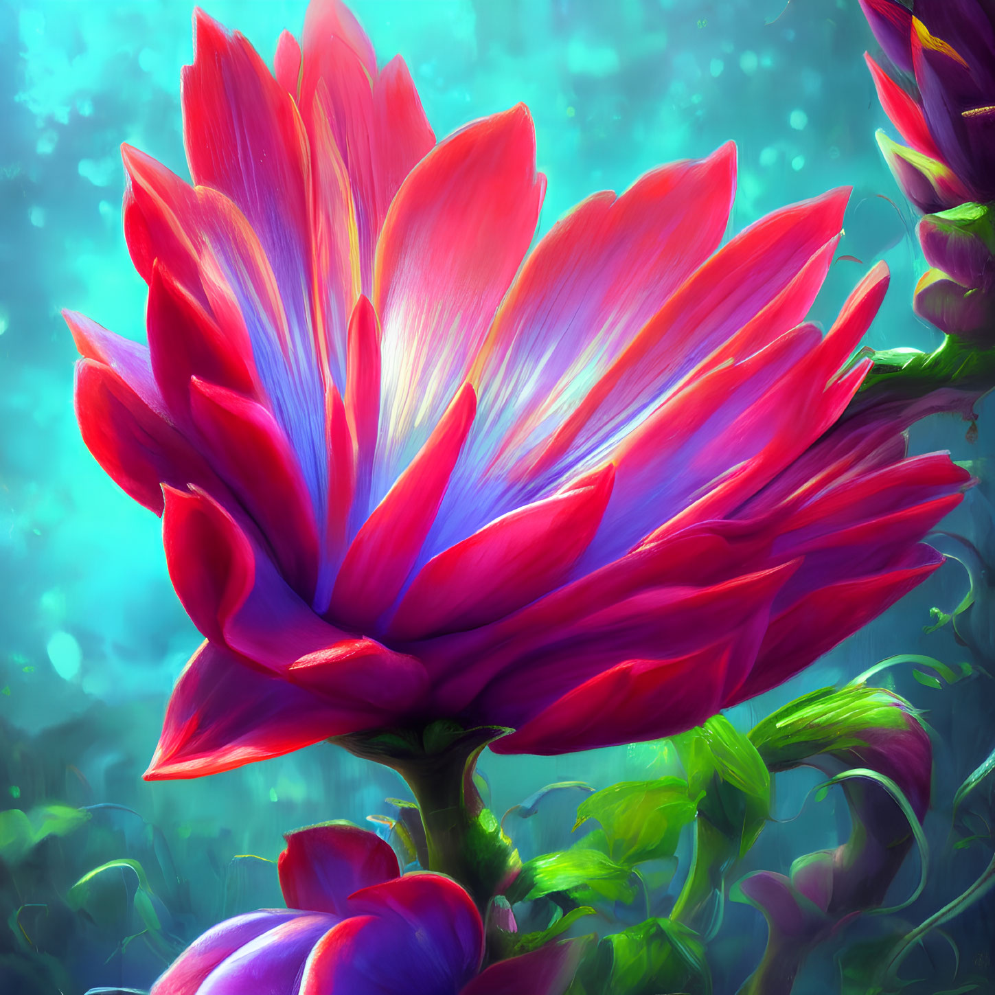 Colorful digital artwork: Large red and pink flower on teal background