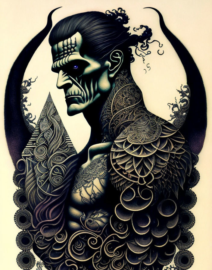 Detailed illustration of stylized, tattooed man with grim expression and intricate ornate designs.