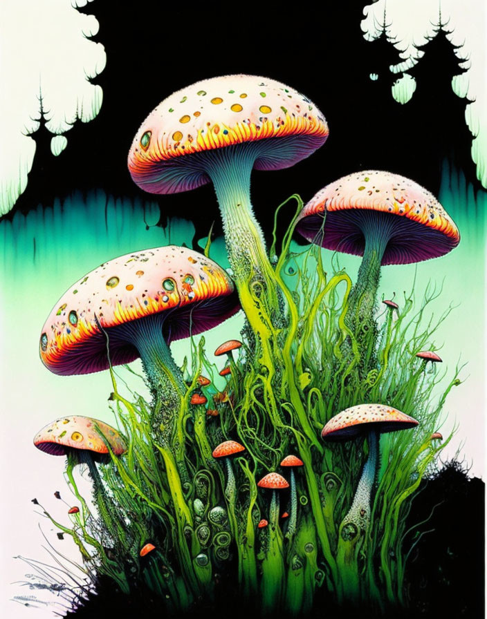 Colorful whimsical mushroom illustration in lush greenery against dark backdrop