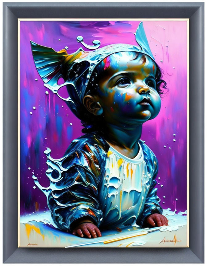 Colorful painting of child in dolphin-themed attire on vibrant background