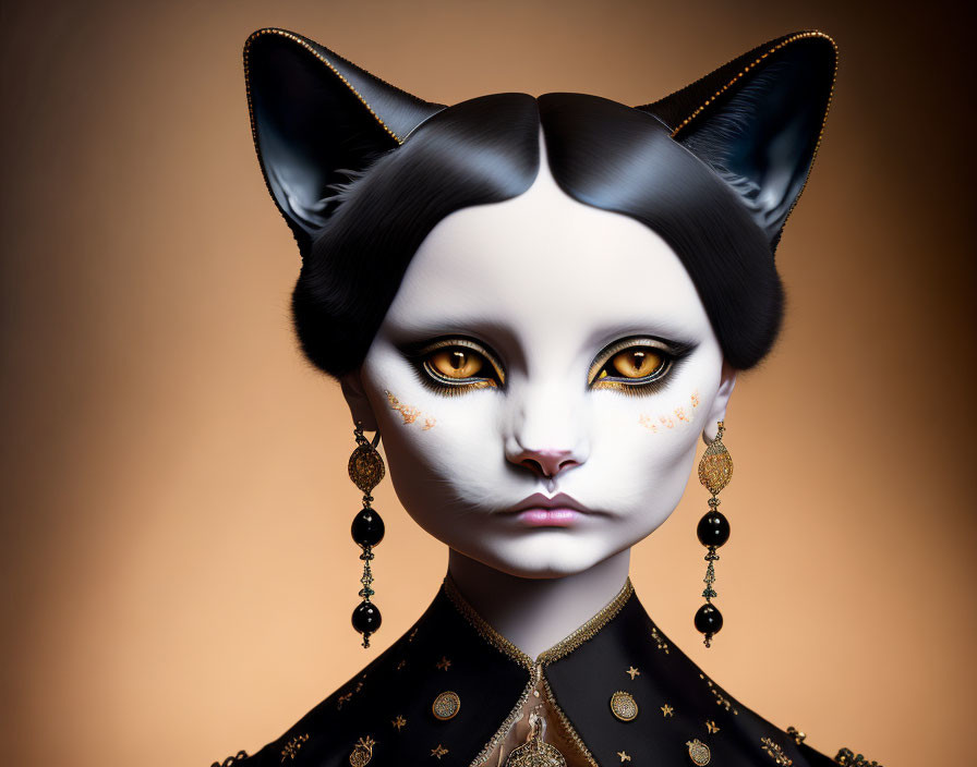 Digital artwork: Woman's face with cat-like features, pointed ears, whiskers, ornate earrings